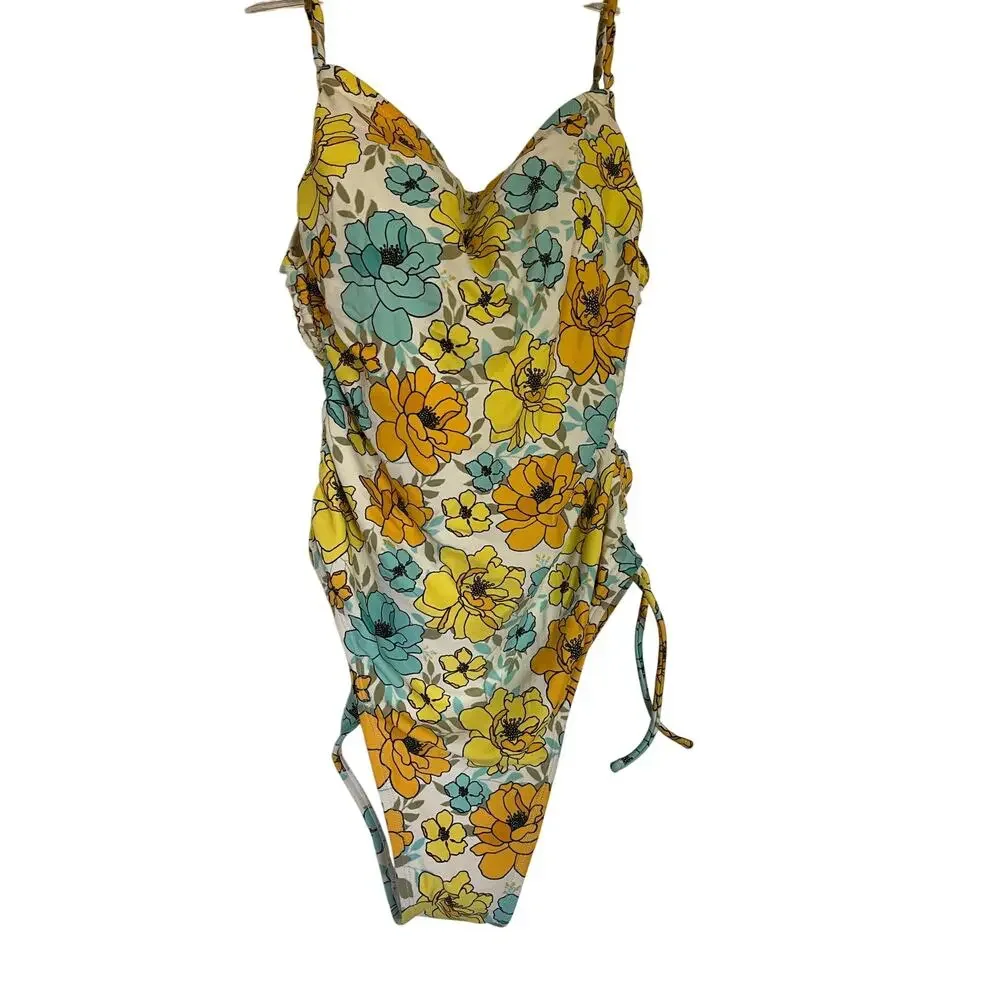 Xhilaration | Women's M One-Piece Swimsuit Yellow/Blue Floral